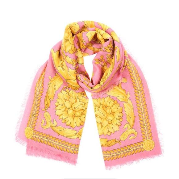 Versace Barocco Pink Gold Cashmere Silk Wool Fringe Shawl Scarf 55" NWT $750 - Picture 2 of 14